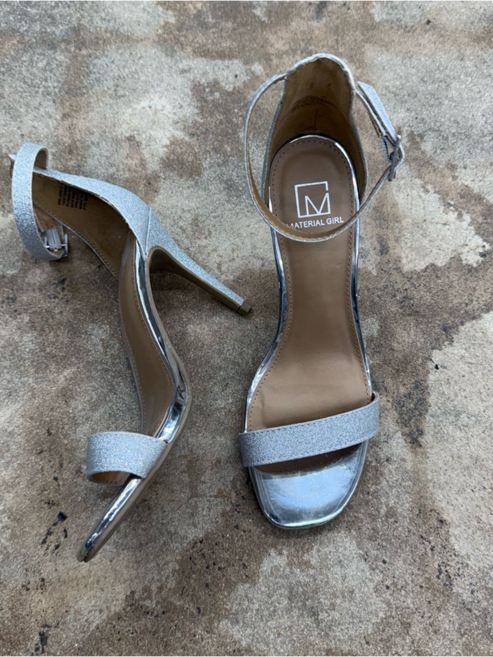 Material Girl Glitter Silver Open-Toe Ankle-Strap Heels